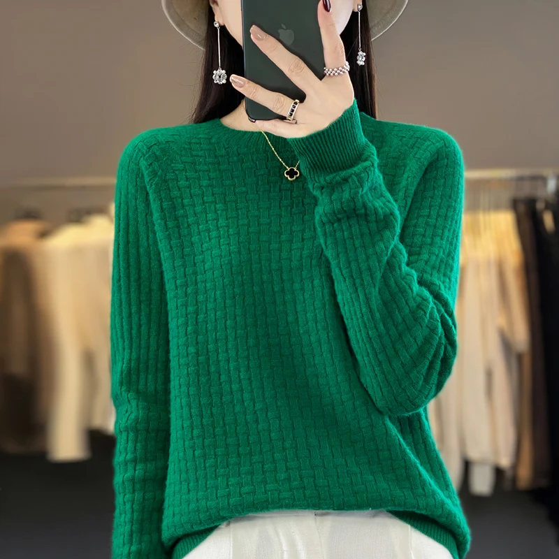 100% Merino Wool Sweater Women\'s O-neck Pullover Loose Knit Underlay Fashion Long Sleeve Cashmere Top in Autumn and Winter