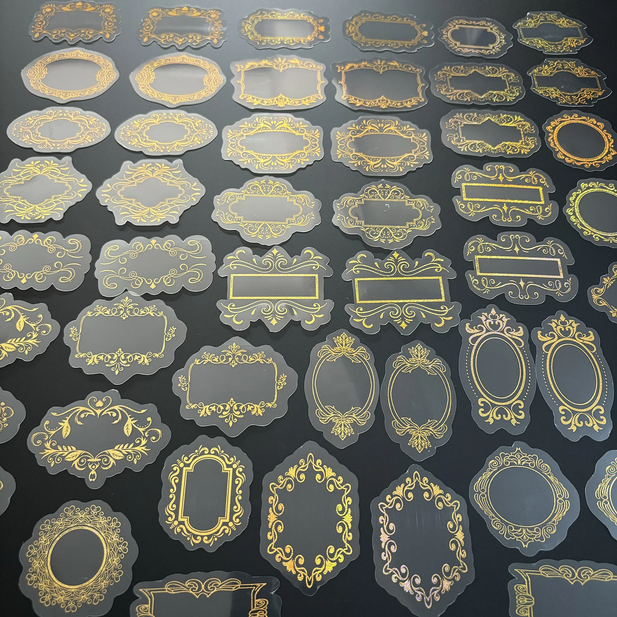 50 Pack Vintage Ornamental Frames PET Stickers with Decorative Borders, Waterproof and Transparent，Laser Silver and Metallic Gol