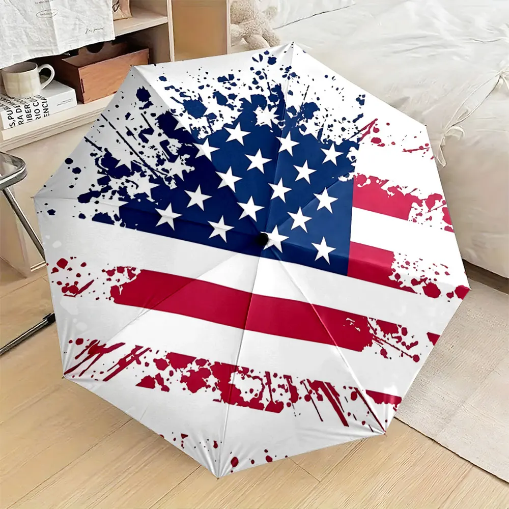 1PC Creative Umbrella with Splattered American Flag Design Print 8 Iron Ribs Folding Umbrella Auto-Open Fashion Sunshade