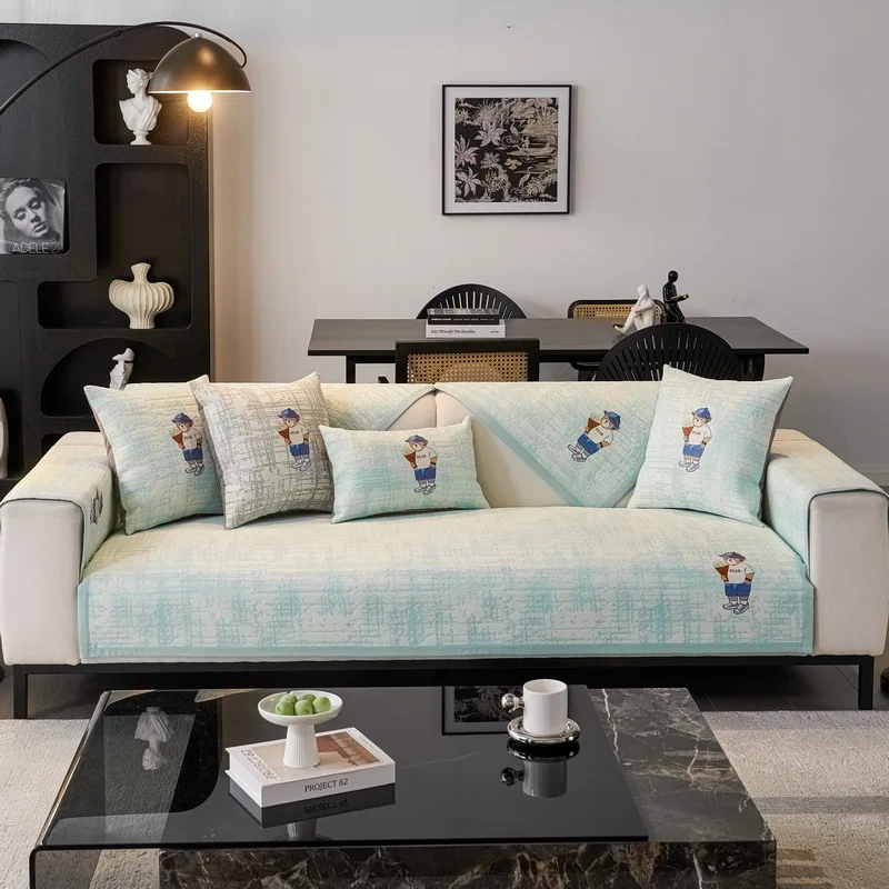 Summer cool feeling ice silk cartoon sofa cover fixed non-slip anti cat scratch straight row living room sofa cover cloth home d