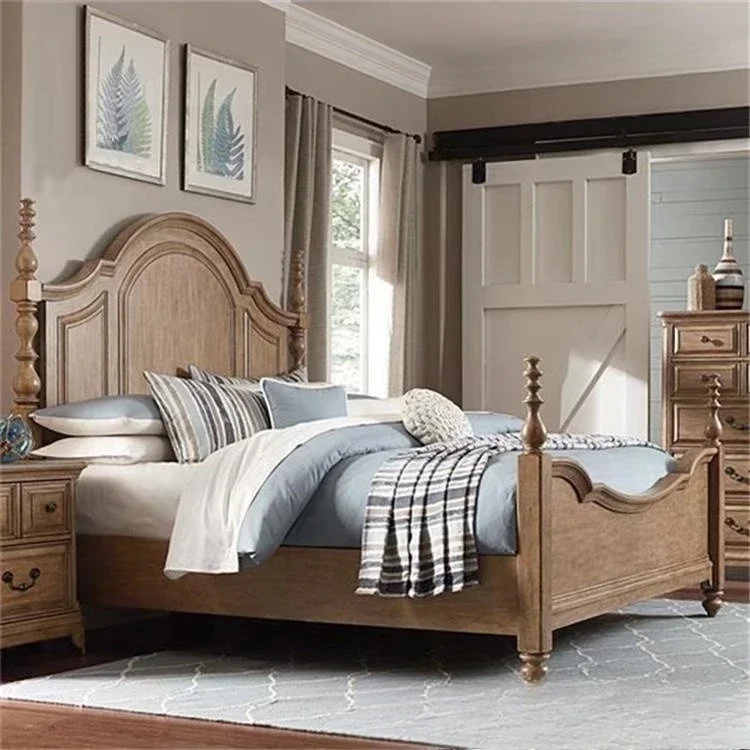 American solid wood double furniture bedroom oak engraved retro 1.8 meters wedding bed single children's bed