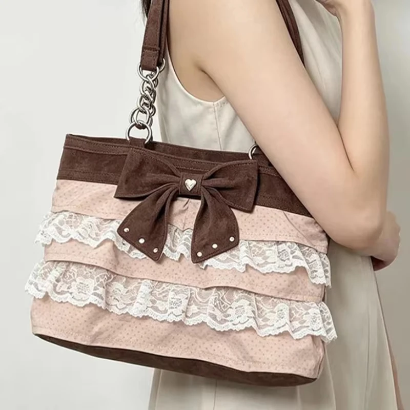 Women Sweet Lace Ruffle Shoulder Bag Korean Vintage Color Block Handbag Large Bow Decor Chain Tote Bag Casual Underarm Purse