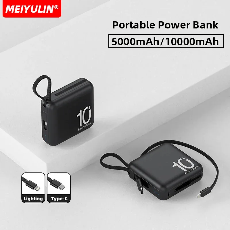 10000mAh Mini Portable Power Bank 5000mAh Fast Charging External Mobile Battery With TYPE-C Cable for iPhone 15 Samsung Xiaomi