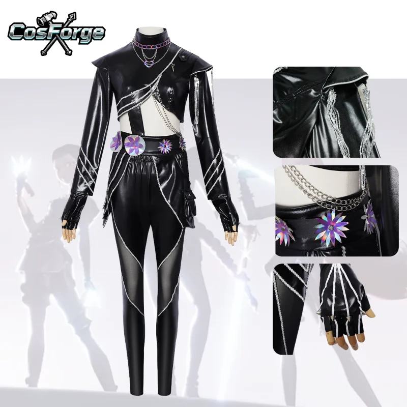 أزياء Kpop Demons Hunters Rumi Huntrix التأثيرية لحفلة الهالوين ​ ​   بدلة للجسم من الجلد الأسود للأطفال والكبار