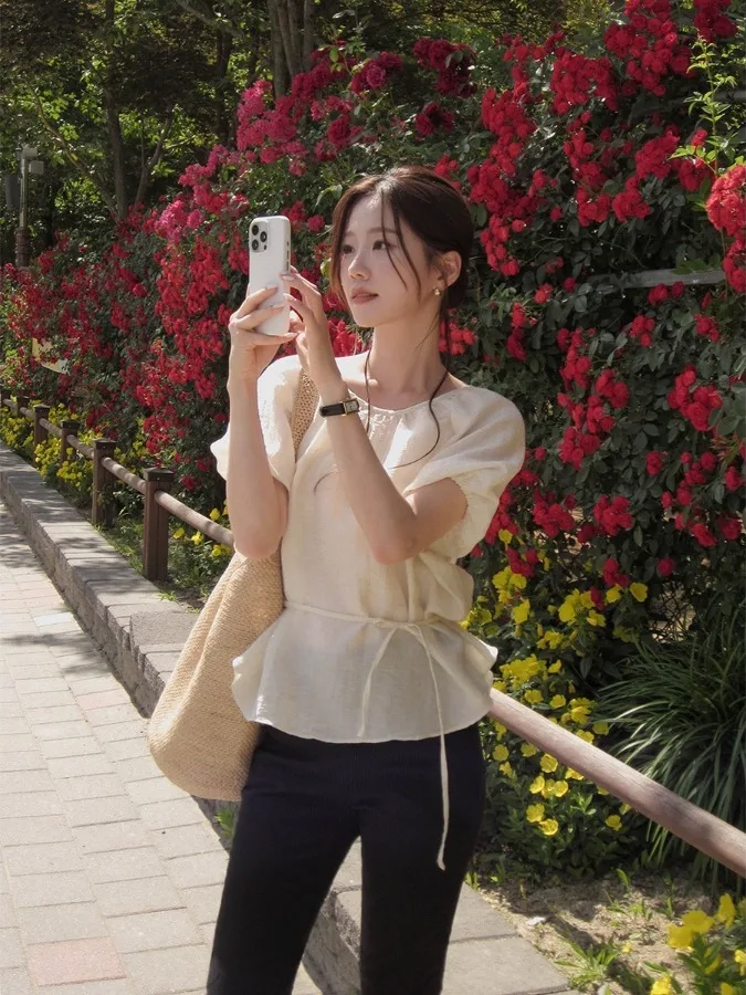 

Korean Solid Retro Lace Up Round Neck Shirt Fashionable Women's Casual Short Sleeved Top Summer Chic Waist-Cinching Irt