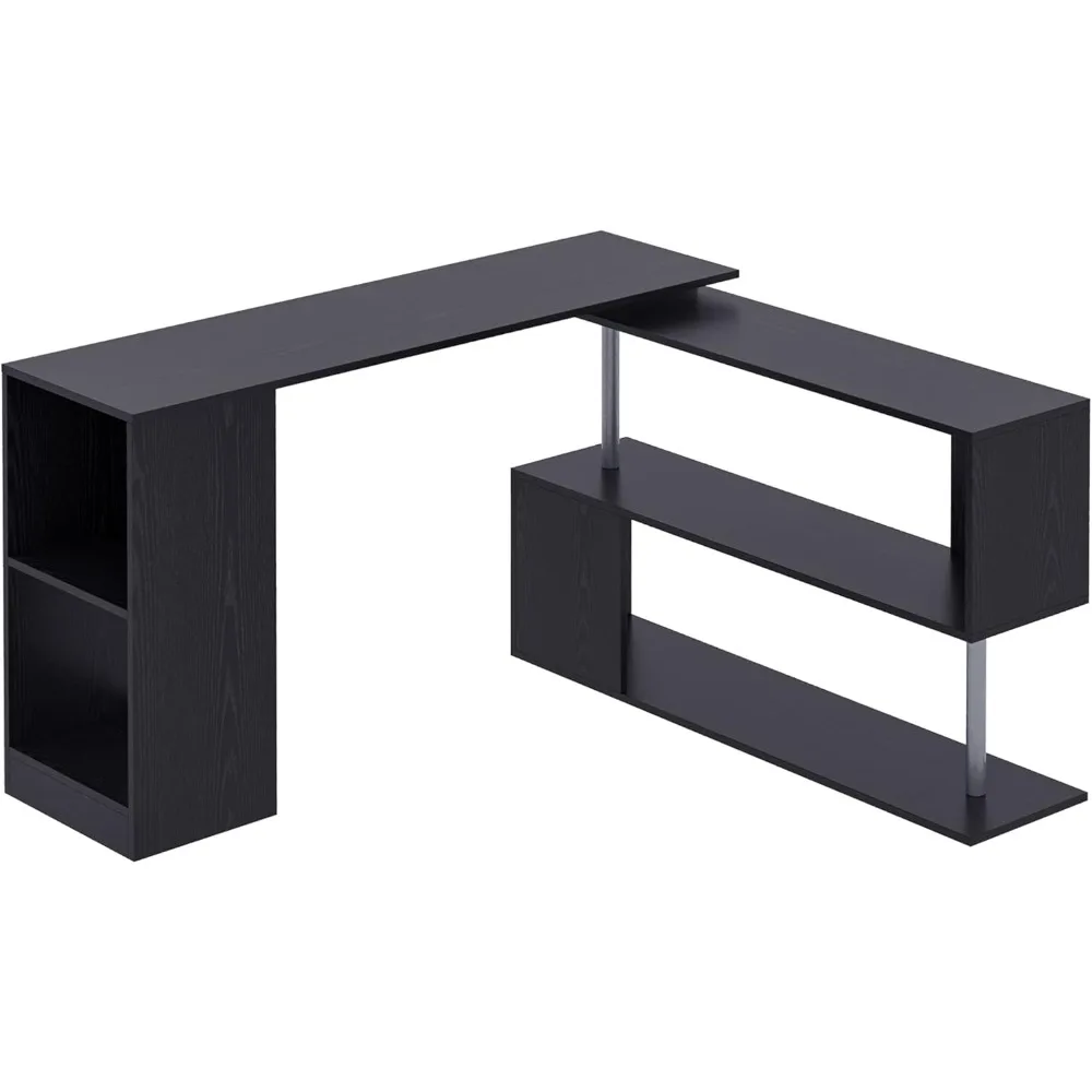

55 360° Rotating Corner Computer Desk Modern L-Shaped Home Office Workstation with 3-Tier Storage Shelves, Bookshelf, Black