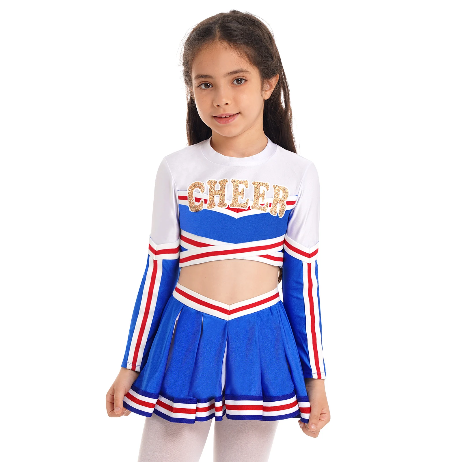 

Kids Girls Cheerleader Uniform Long Sleeve Mock Neck Cheers Printed Tops with Pleated Skirt Set Cheerleading Dance Costume