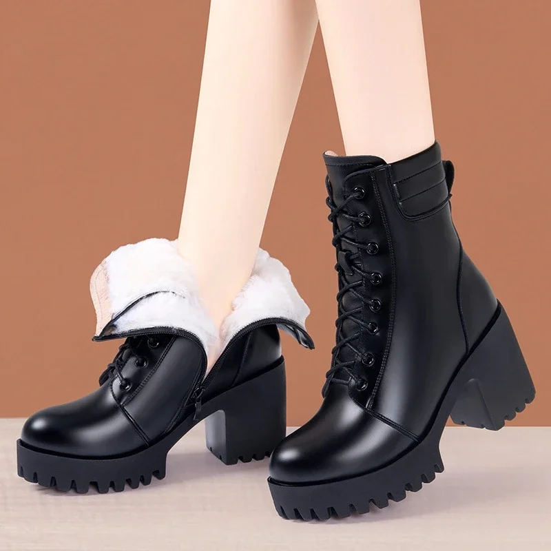 

8cm 10cm Small Size 32-43 Genuine Leather Boots Women's Platform Shoes Winter 2024 Block High Heels Ankle Botas for Office Mom