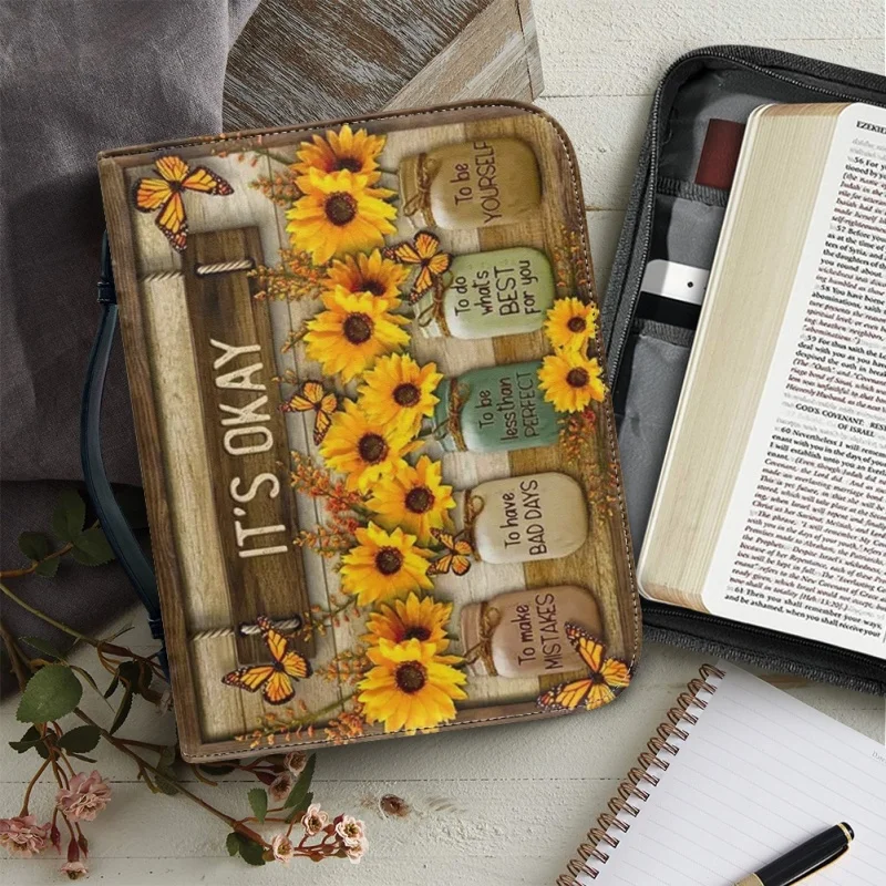 It's Okay Personalized Sunflower Butterfly Personalized Print Church Bible Cover Case PU Handbags Study Book Holy Storage Boxes