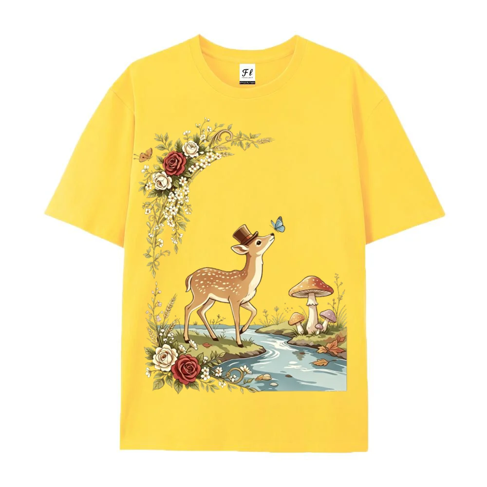 Cottagecore Graphic Short Sleeve Tee For Women Vintage Forest Deer Mushroom Flower Butterfly Print Loose Casual Top Soft Cotton