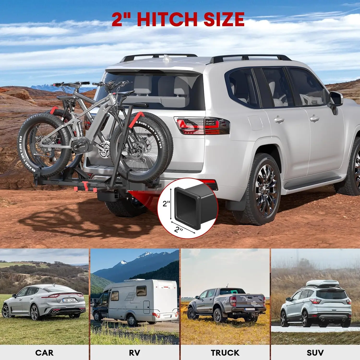 Foldable Hitch Mount Bike Rack with Ramp, 170lbs Capacity for 2 Heavy Ebikes, Fits Cars SUVs RVs Trailers