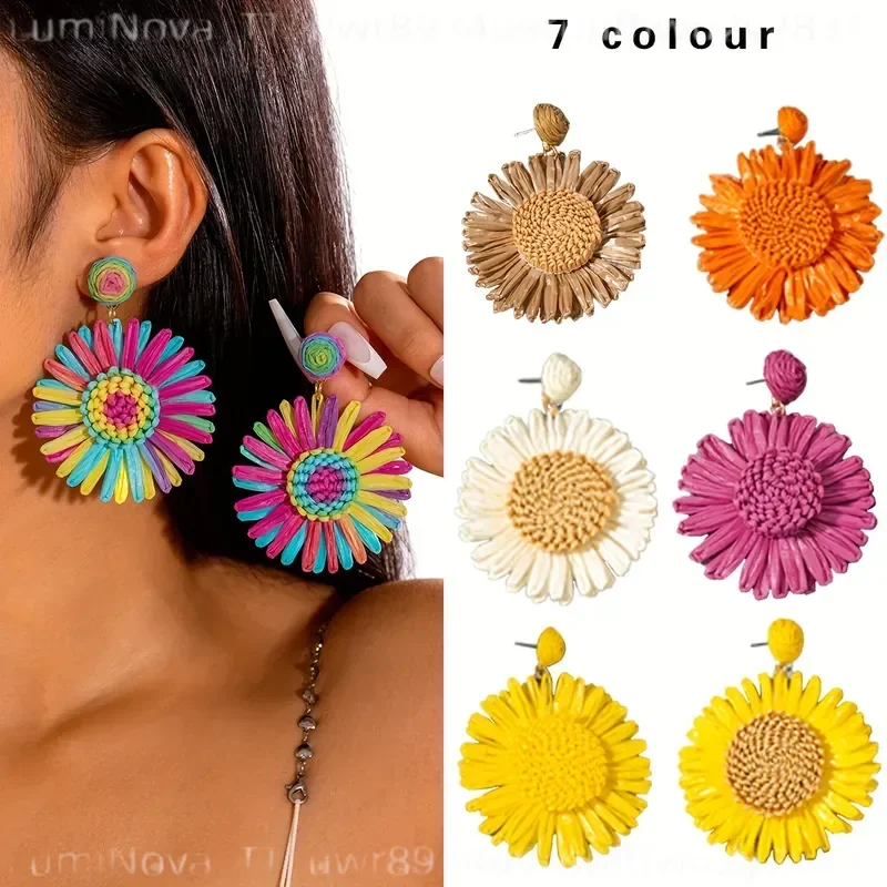 Colorful Woven Raffia Flower Stud Earrings for Women Sweet Girly Exaggerated Vacation Style Jewelry Gift for Prom Party
