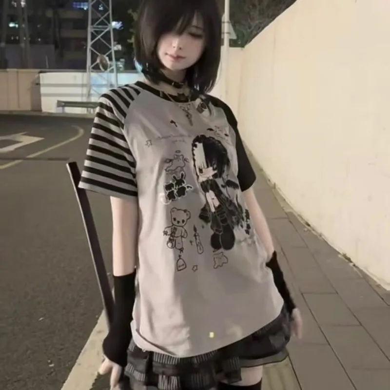 

Goth Grunge Aesthetic T-shirt Summer Top Short-sleeved Tops Y2K 2000s Anime Patchwork Shirt T Shirts Cartoon Tshirt
