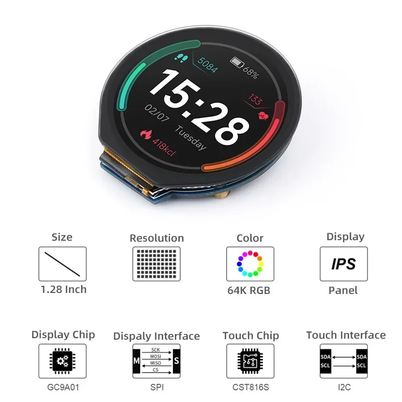 شاشة IPS MCU متوافقة مع توت العليق Pi بيكو ، شاشة LCD دائرية 65K ، SPI I2C ، واجهة عرض تعليمي ،