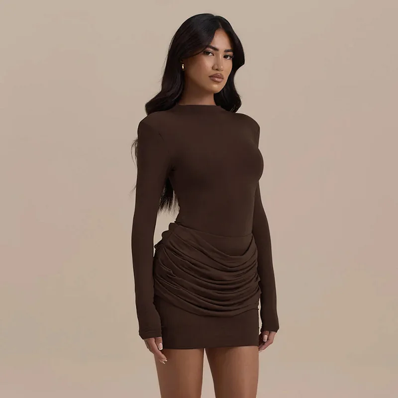 Solid Color Gathered Hip Cover Long Sleeve Dress Women's Spring Summer New Casual Round Neck Dresses For Women Ropa Mujer