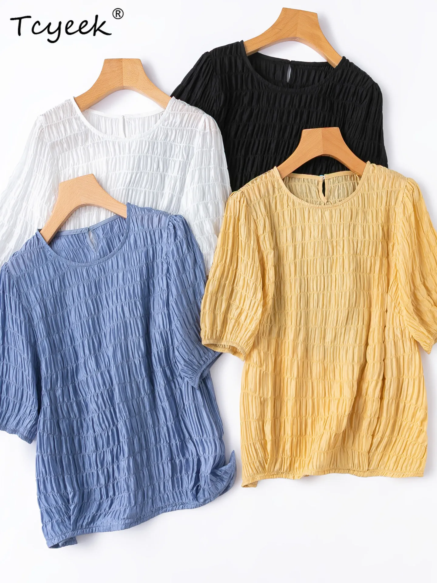 Tcyeek 93% Mulberry Silk T-Shirt Elegant T-shirts for Women Summer Clothes Womens Tops Black White Tees Loose Fit Solid Color