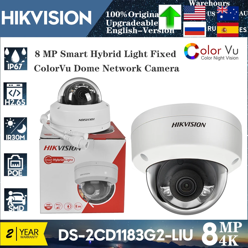 Hikvision Original 4K 8MP ColorVu IP Camera DS-2CD1183G2-LIU POE Smart Hybrid Light Dual-Light IR Fixed Dome Network Camera