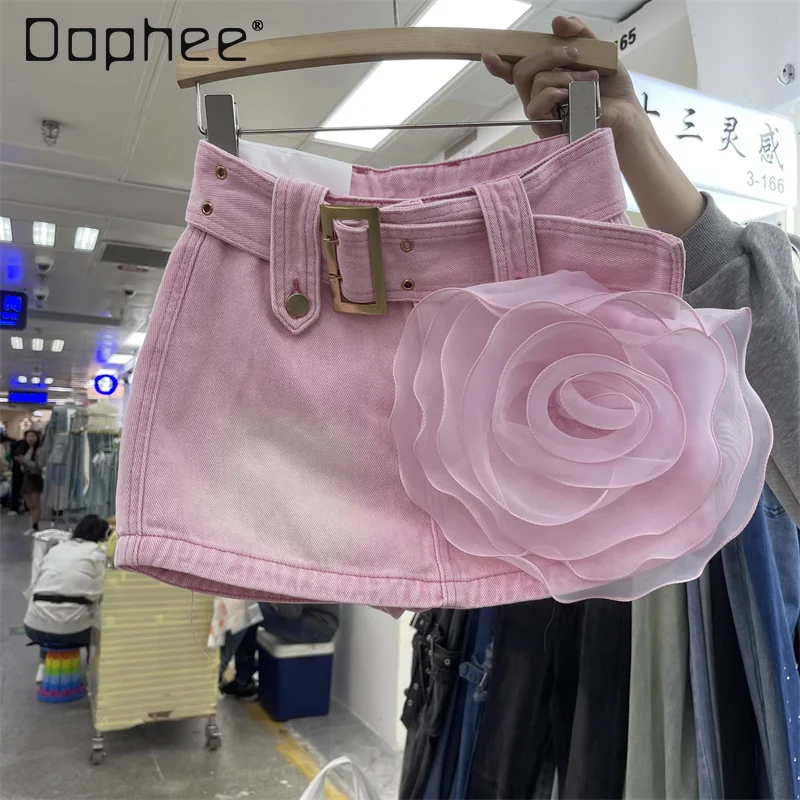 Women's Pink Denim Skirt 3D Flower 2024 Summer A-line High Waist Wrap Hip Mini Skirt with Belt Vintage Fashion Female Trendy