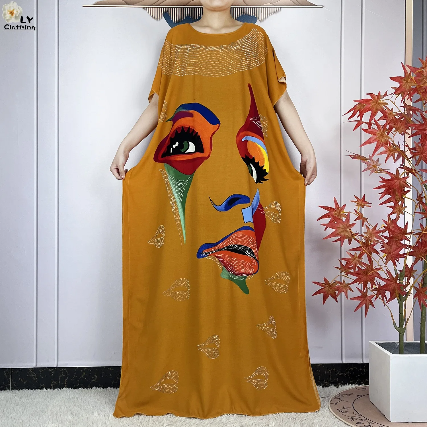 2024New Abaya Loose Short Sleeve African Dashiki Pattern Printing Soft Cotton Woman Elegant Maxi Islam Lady Dress With Big Scarf