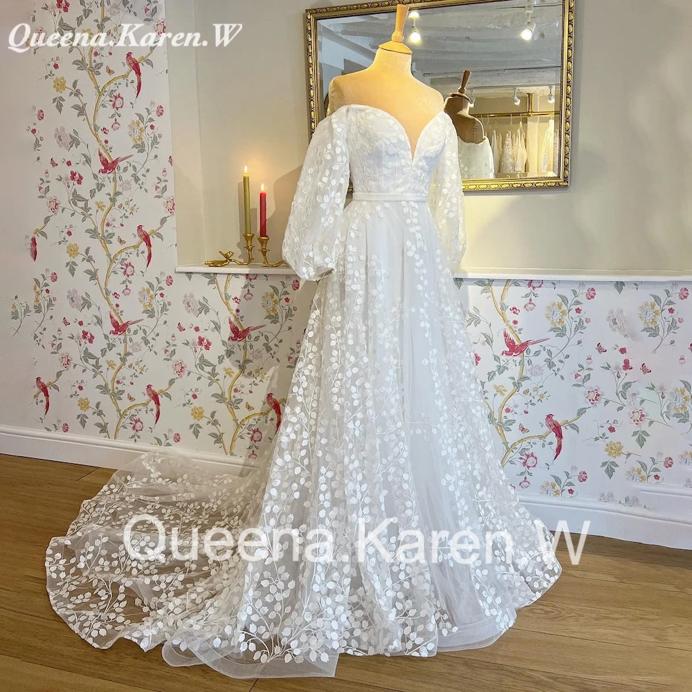 

Элегантное свадебное платье в стиле бохо с открытыми плечами и длинными рукавами-фонариками, кружевное платье невесты с аппликацией, ТРАПЕЦИЕВИДНОЕ свадебное платье