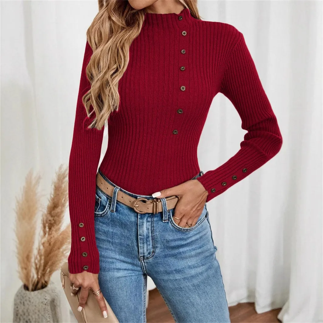 Elegant Women's Sweater Pullover Button Up Long Sleeved Knit Inner Layer Sweters Mujeres Tricot Feminino Топ С Длинными Рукавами