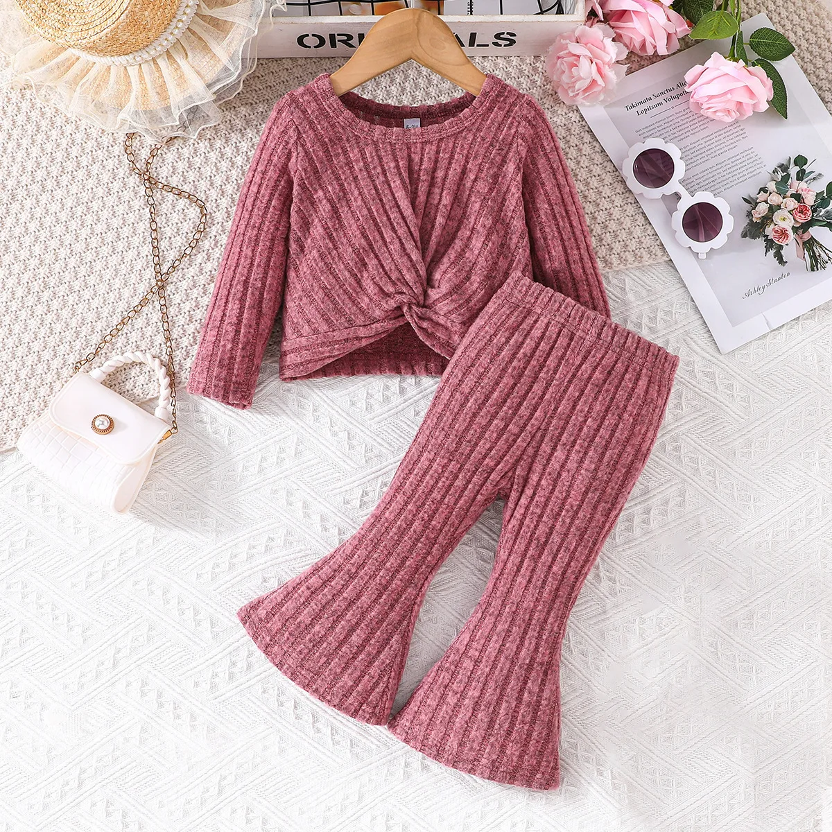 2026 Baby Girl Spring Autumn Fashion Solid Ribbed Suitable Set Baby Flare Solid Long Pants Long Sleeve Set