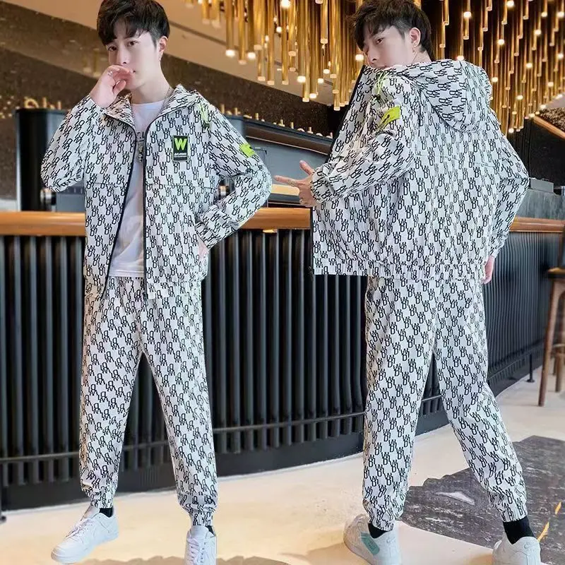 Men\'s Spring And Fall High Quality Outdoor Jacket Set Casual Trend Hooded Printed Long Sleeve Coat And Pants Two-Piece Set