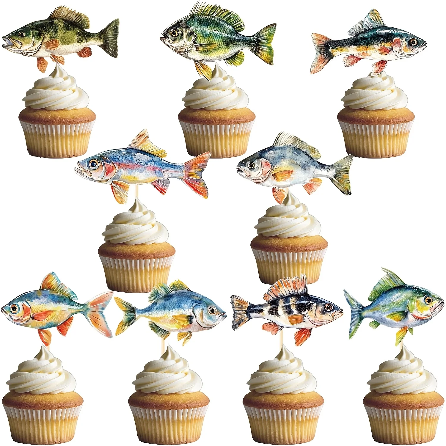 18Pcs Wholesale Fish Fishing Cake Topper Happy Birthday Wedding Party Sports Themed Cupcake Topper Party Decor Baking Supplies