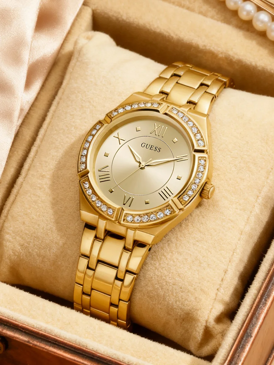 

Женские кварцевые часы GUESS с кристаллами, ремешок из нержавеющей стали, циферблат с римскими цифрами, элегантные часы для офиса, вечеринок и повседневной носки