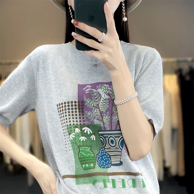 Summer New 100% Cotton Knitted Short-Sleeved Women\'s Round Neck Color Matching Printed T-Shirt Loose Plus Size Half Sleeve Top