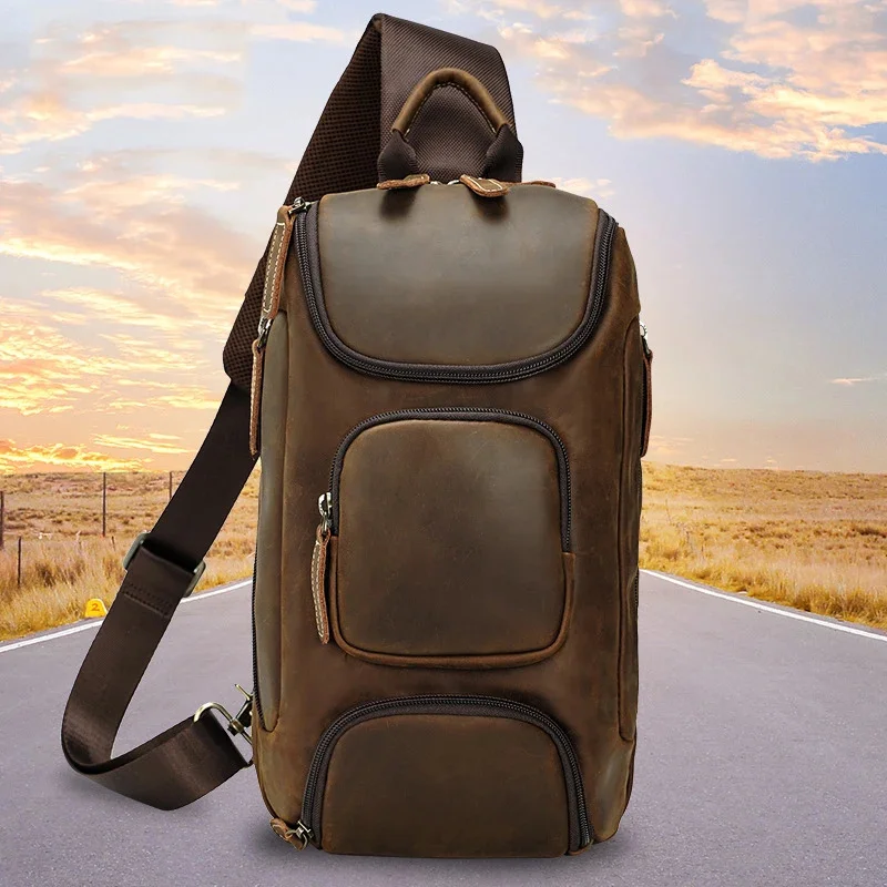

Retro leather big chest bag male head layer cross-body large capacity outdoor riding crazy horse