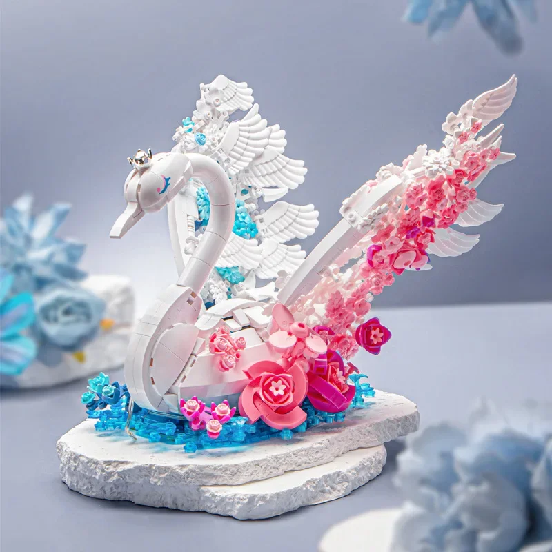 Blocs de construction de cygne floraison d'animaux colorés, modèle d'oiseau d'amour, jouet d'assemblage de figurines en brique pour décoration de maison avec lumière
