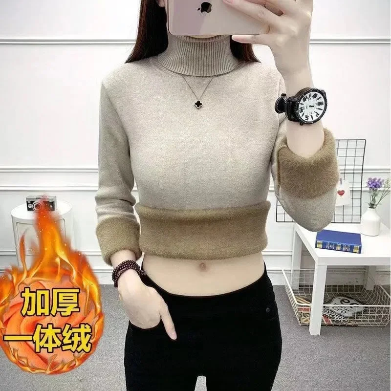 

Turtleneck Winter Sweater Women Elegant Thicken Velvet Lined Warm Sueter Knitted Pullover Slim Tops Jersey Knitwear Jumper New