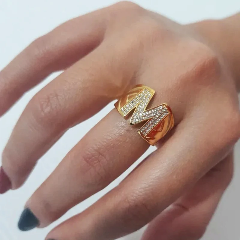 Chunky Wide Zircon Initial Letter Rings For Women Stainless Steel Opening Finger Ring Hip Hop Minimalist Jewelry Gift Femme