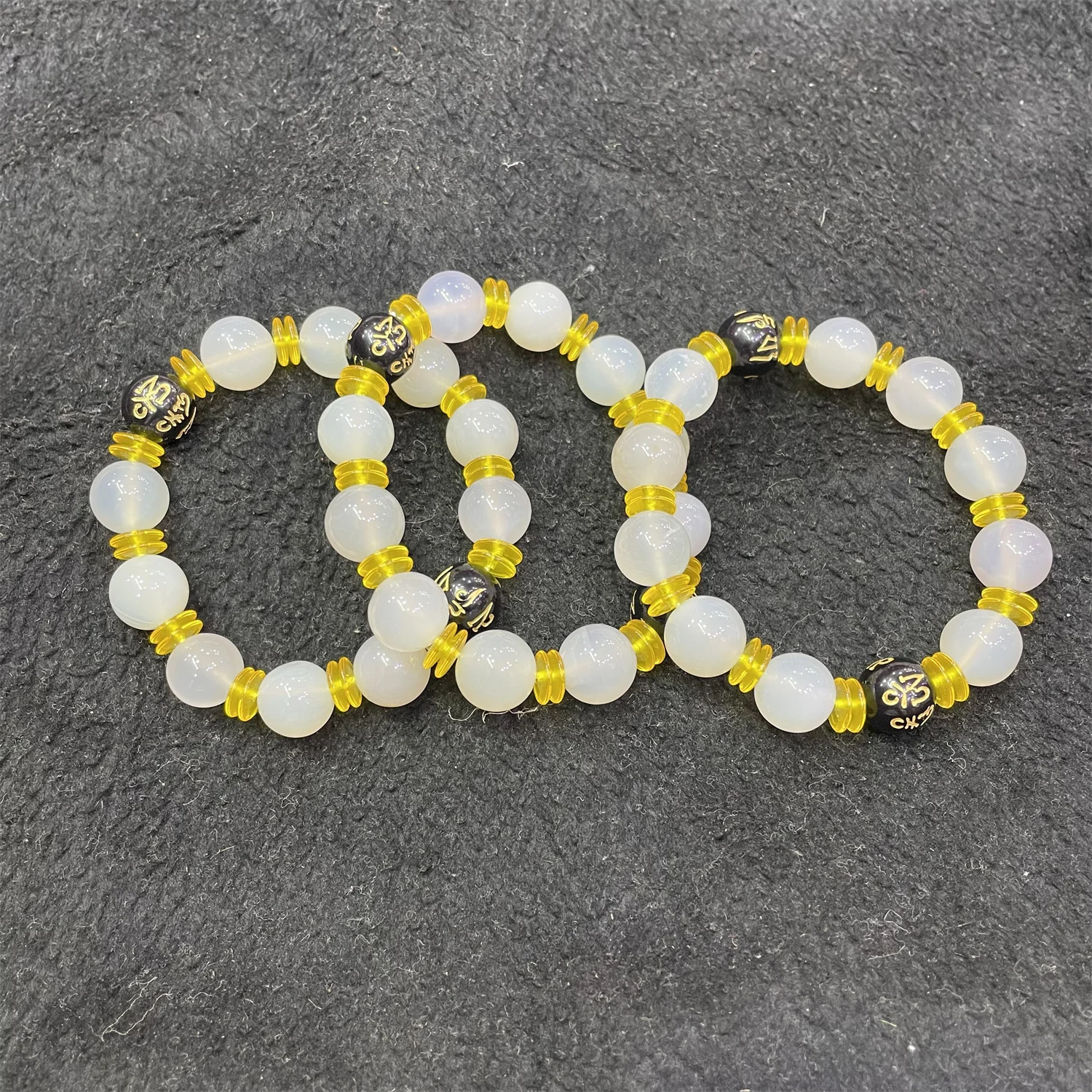 3pcs/lot Natural White Agate Bracelet 12mm round beads Small yellow septums beads Small black agate dzi Designer styles taki