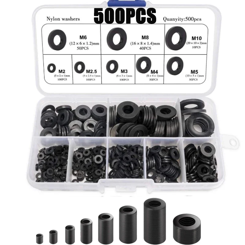 500pcs Nylon Washer Flat Assortment Set with 8-size Safety Plates M2 M2.5 M3 M4 M5 M6 M8 M10 Nylon Sealing Washers