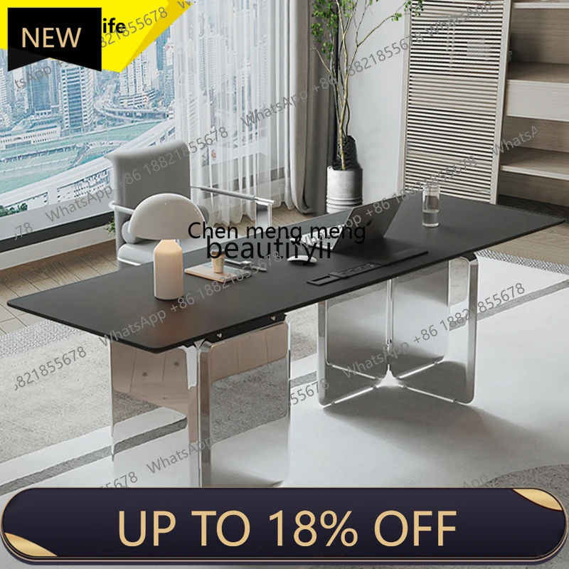 

P178 Italian Style Rock Board Light Luxury Modern Office Desk and Chair Set Minimalist Boss Desk Office Stainless Steel Compute