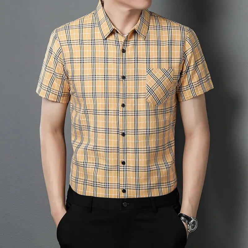 Premium Wrinkle-Free Men's Short Sleeve Shirt Slim Fit Plaid Design Summer Casual Top with Pocket