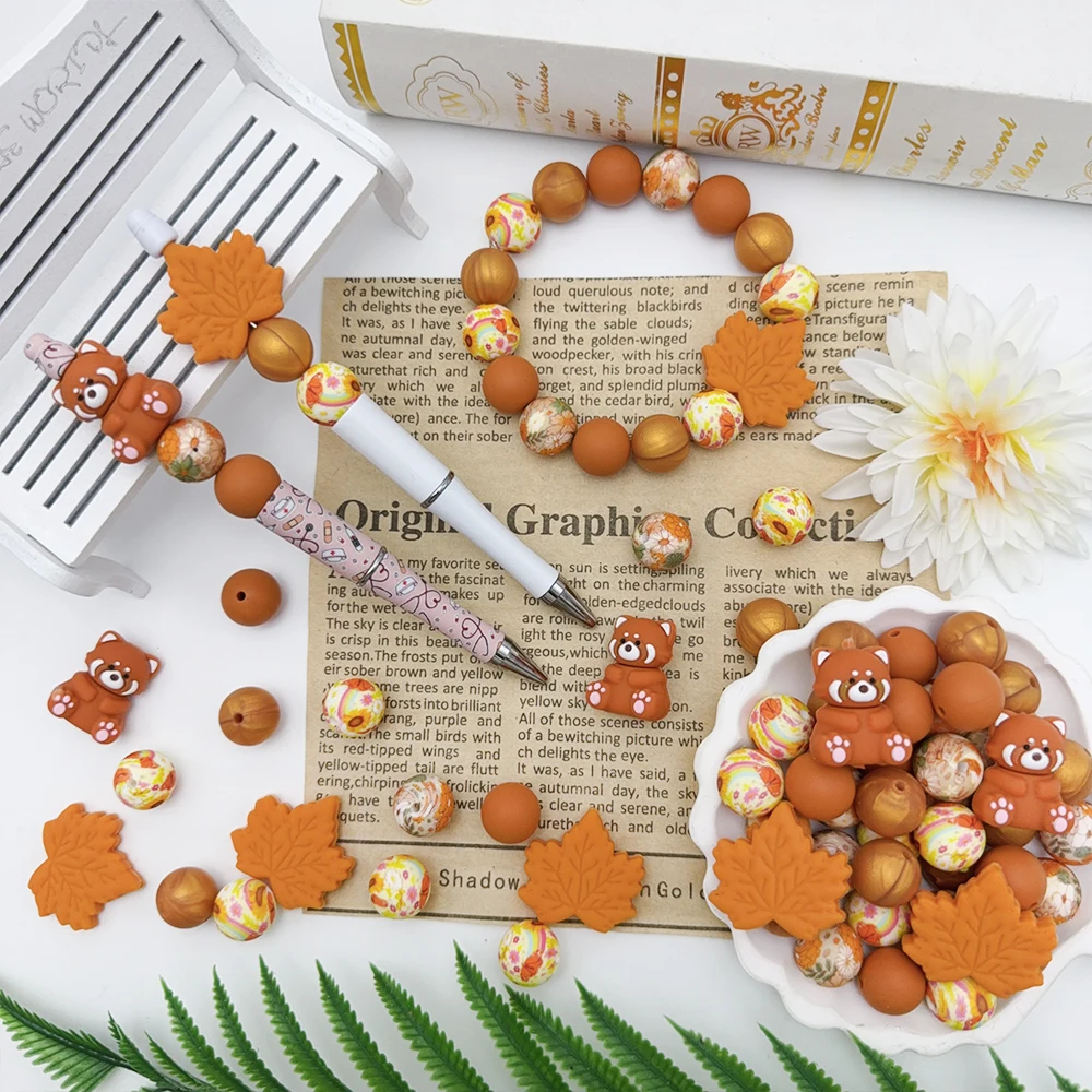 34Pcs Maple Leaf Red Panda Silicone Beads Set DIY Beaded Necklace Bracelet Decoration Pen Jewelry Pendant Etc. Holiday Birthday Gift view 5