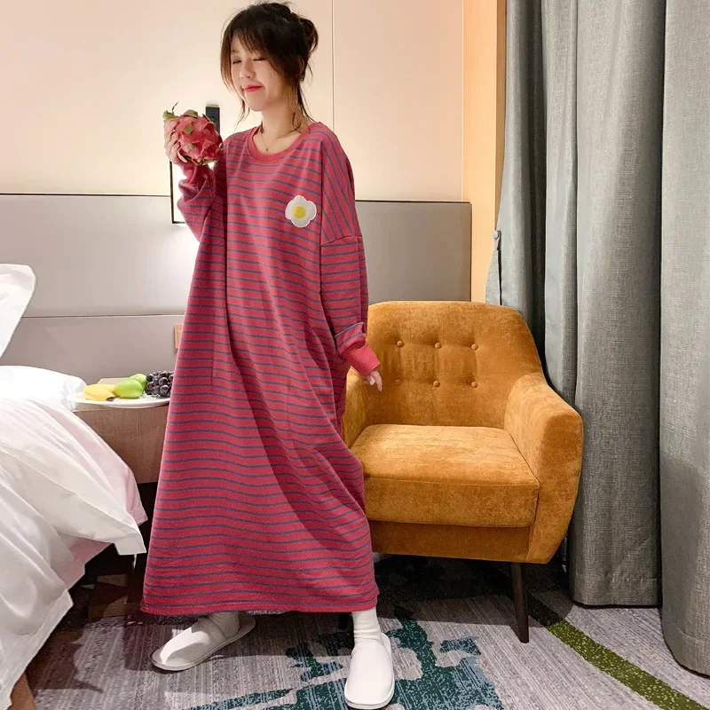 2026 Women Sleepwear Spring Summer Plus Size Night Dress for Lady Cute Long Sleeve Loose Embroidery Cartoon Sleepshirts Pajamas