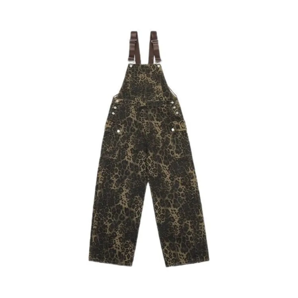 Korean Baggy Leopard Print Overalls Wide Leg Straight Leg Rompers Women Y2k Ins Style Retro Leopard Print Pants Lady