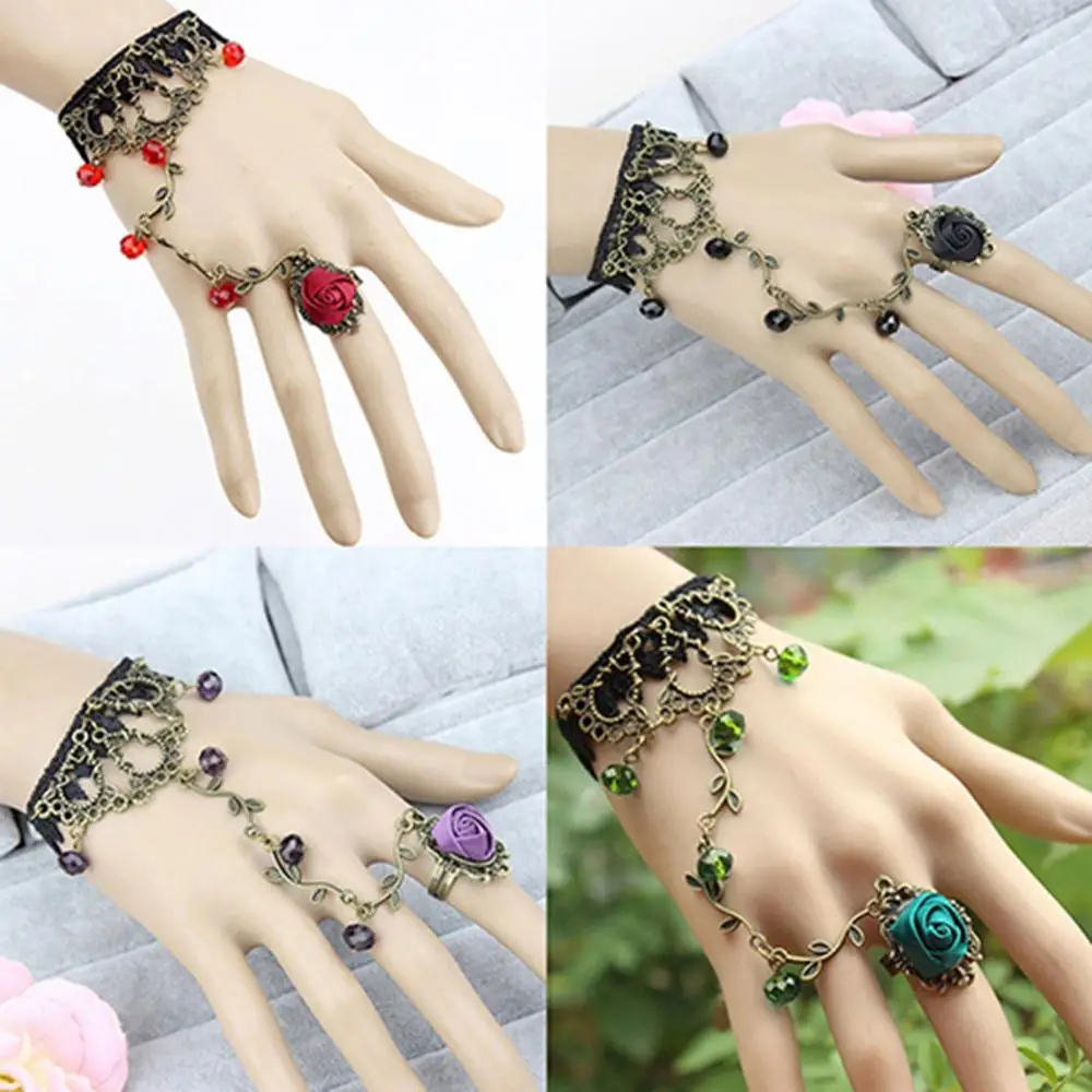 Retro Gothic Women Lace Flower Hand Slave Harness Bracelet Chain Ring Jewelry