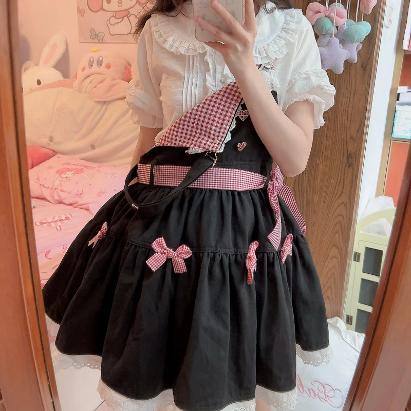 Japanese Kawaii Lolita Dress Women Sweet Bow Lace Ruffles Harajuku Y2k Sleeveless Strap Dresses Cute Party Mini Princess Dresses