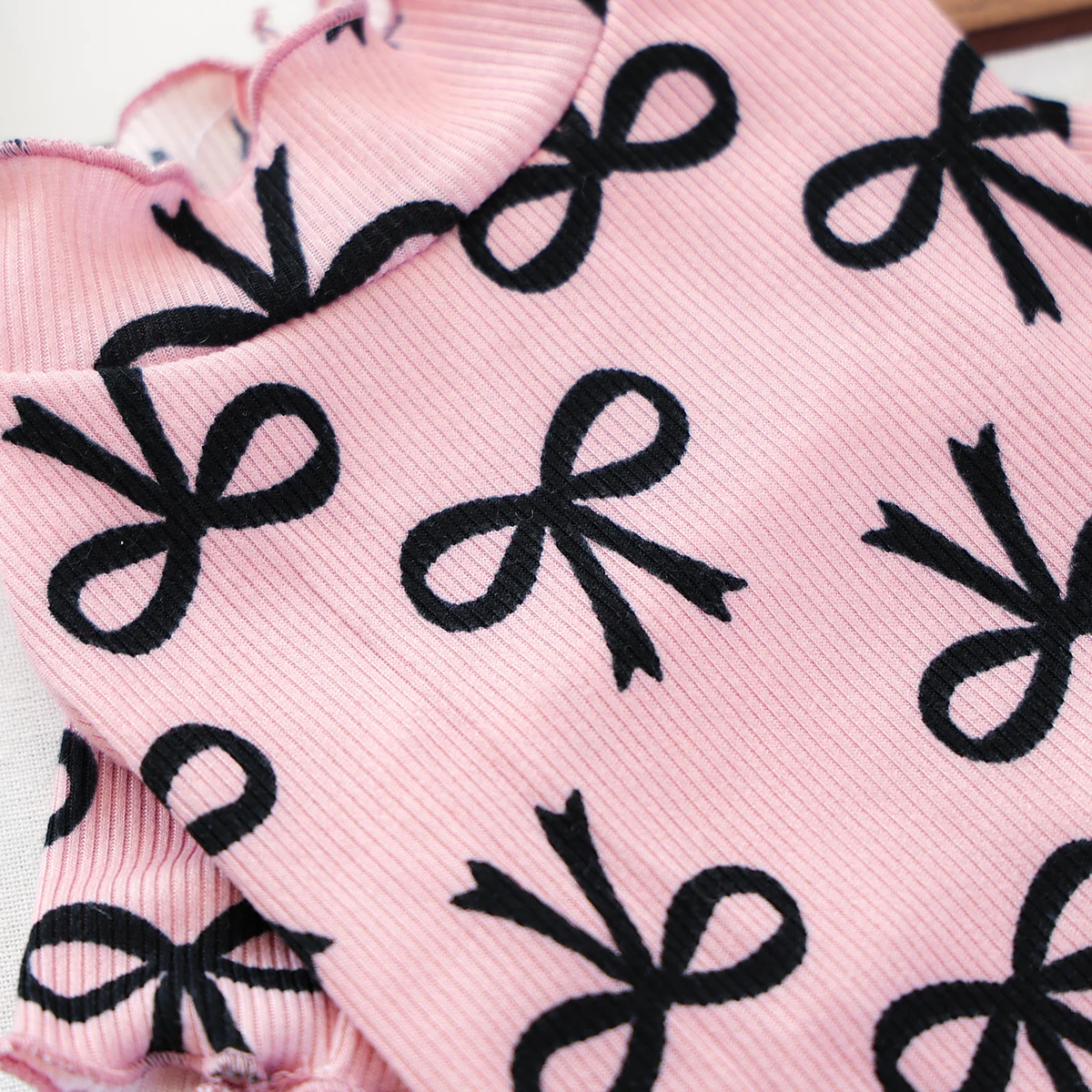 Sweet Bowknot Valentine Pet Base Layer, Loungewear Pink Black Print Ruffle Edge, Four-Legged Stretch Outfit for Small Dogs Cats