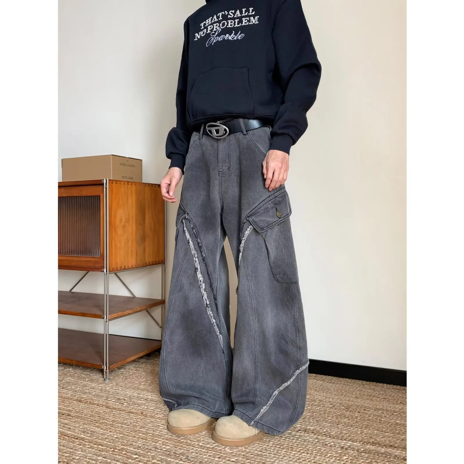 

Men's Loose Straight Leg Jeans Large Size 250 Pou Bla ey Hole Punching American Vibe High Street Trend Casual Pants