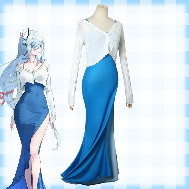 Shenhe Bunny Cosplay Game Genshin Impact Costume Animation Role-playing Dress  with Long Dress with Halter Knit Cardigan