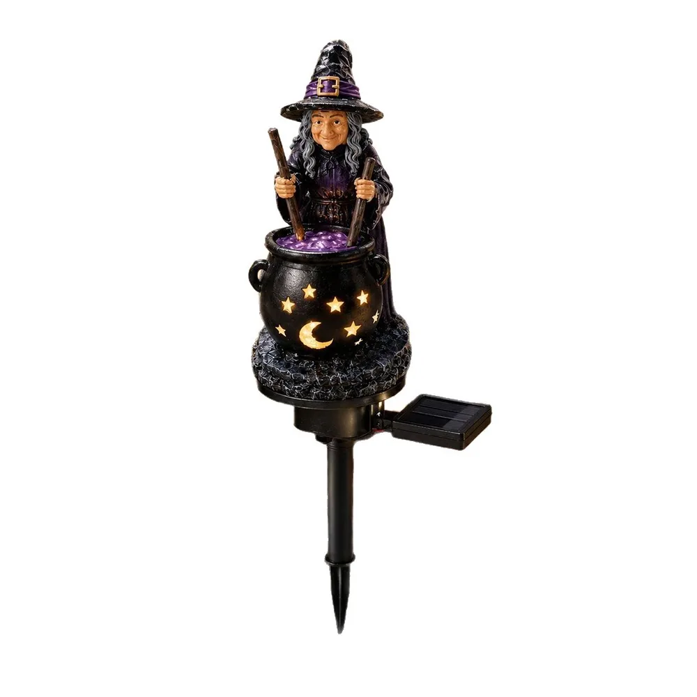 Resin Witch Cauldron Lamp Waterproof Moon Star Cutout Solar Garden Stake Light Warm Glow Stable Bottom Halloween Solar Light