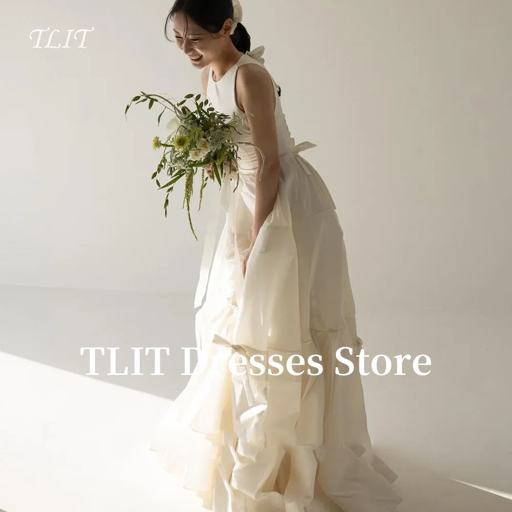 TLIT Elegante Witte O-hals Taft Trouwjurk Prom Jassen Korea Bruidsjurk Foto's Schieten Aangepaste Gelaagde Mouwloze Jurken