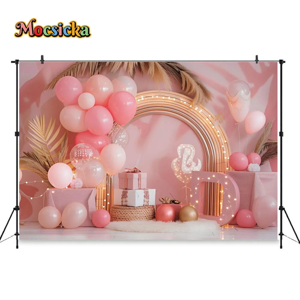 Boho Photography Background for Girls Birthday Party Shiny Lights Balloon Wall Gift Backdrop Decor Kids Cake Smash Photo Studio