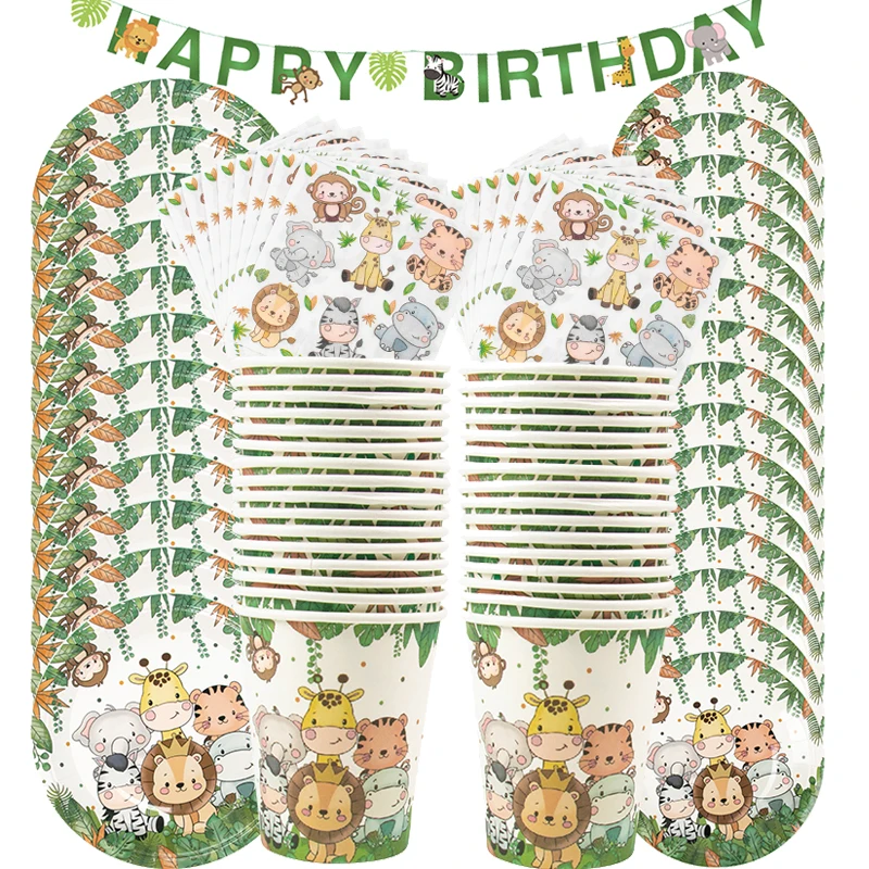 Jungle Animal Birthday Party Decoration Lion Tiger Animal Pattern Tablecloth Cups Plate Wild One Baby Shower Safari Party Decor